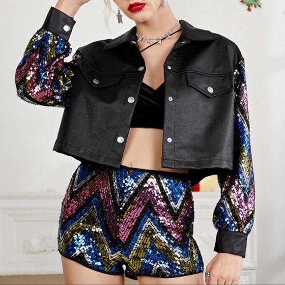 Button Front Sequin Crop PU Leather Jacket - Picture 2 of 5